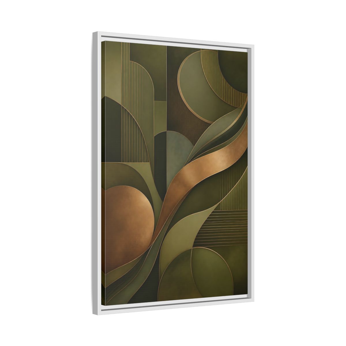Side Mockup 10. Abstract Abstract Forms Green And Gold shown as stretched canvas wall art