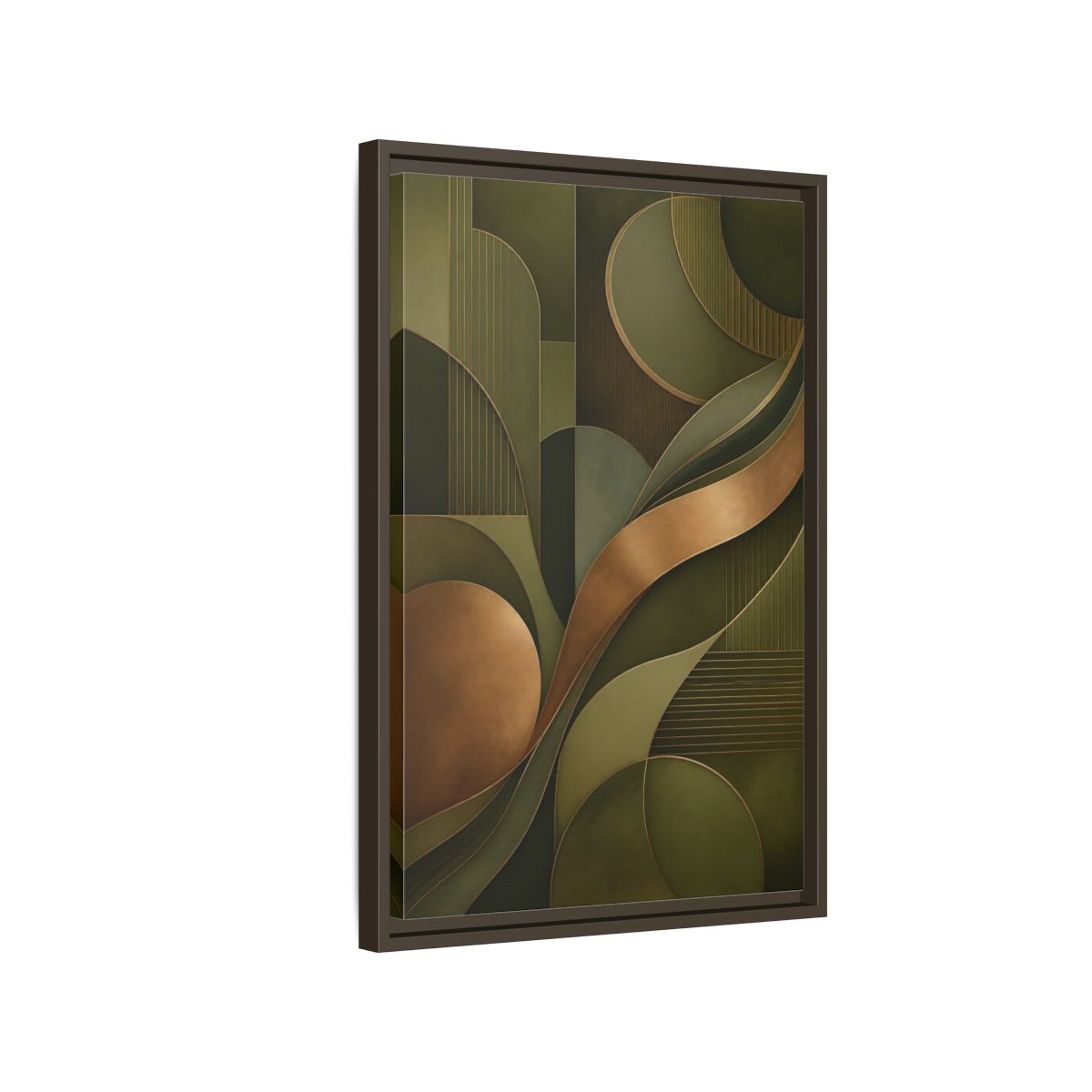 Side Mockup 2. Abstract Abstract Forms Green And Gold shown as stretched canvas wall art