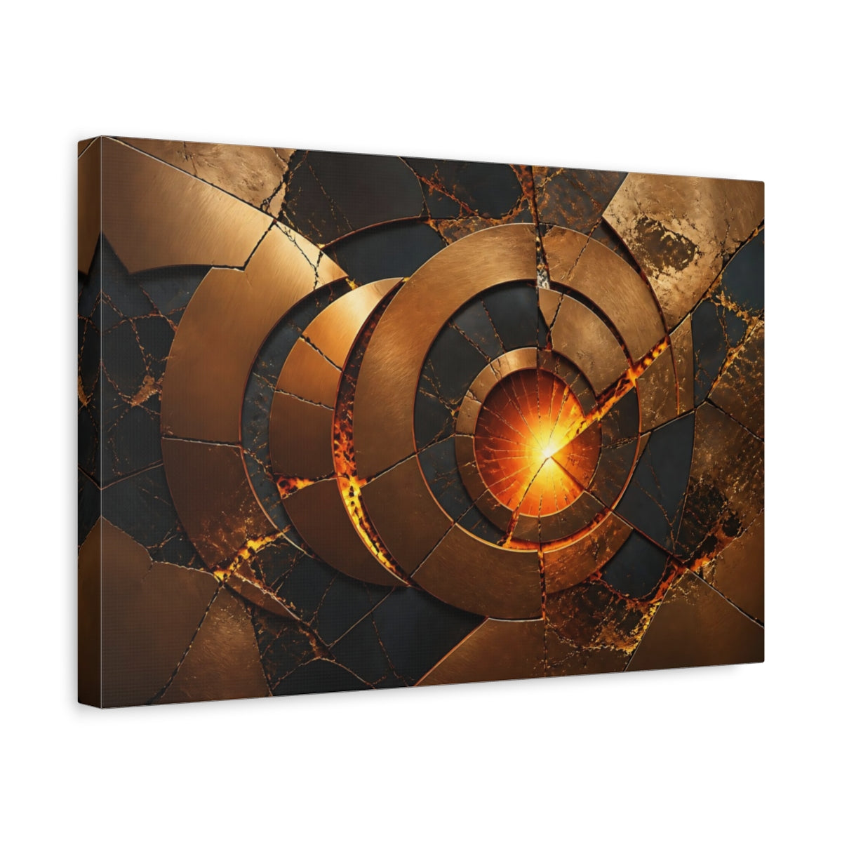 Side Mockup 4. Abstract Fractured Bronze Circles shown as canvas print
