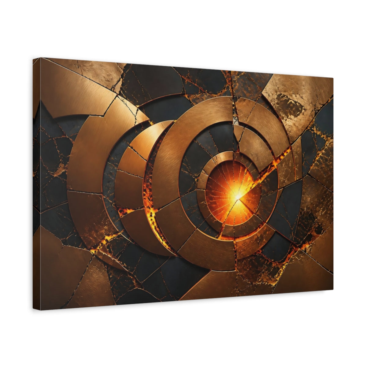 Side Mockup 3. Abstract Fractured Bronze Circles shown as canvas print