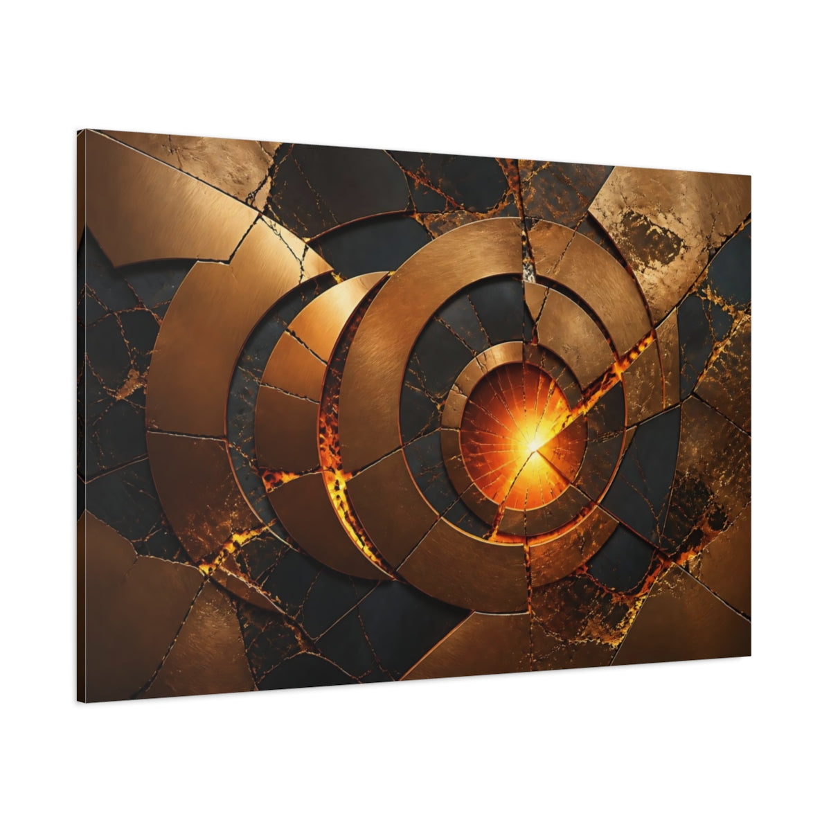 Side Mockup 1. Abstract Fractured Bronze Circles shown as canvas print