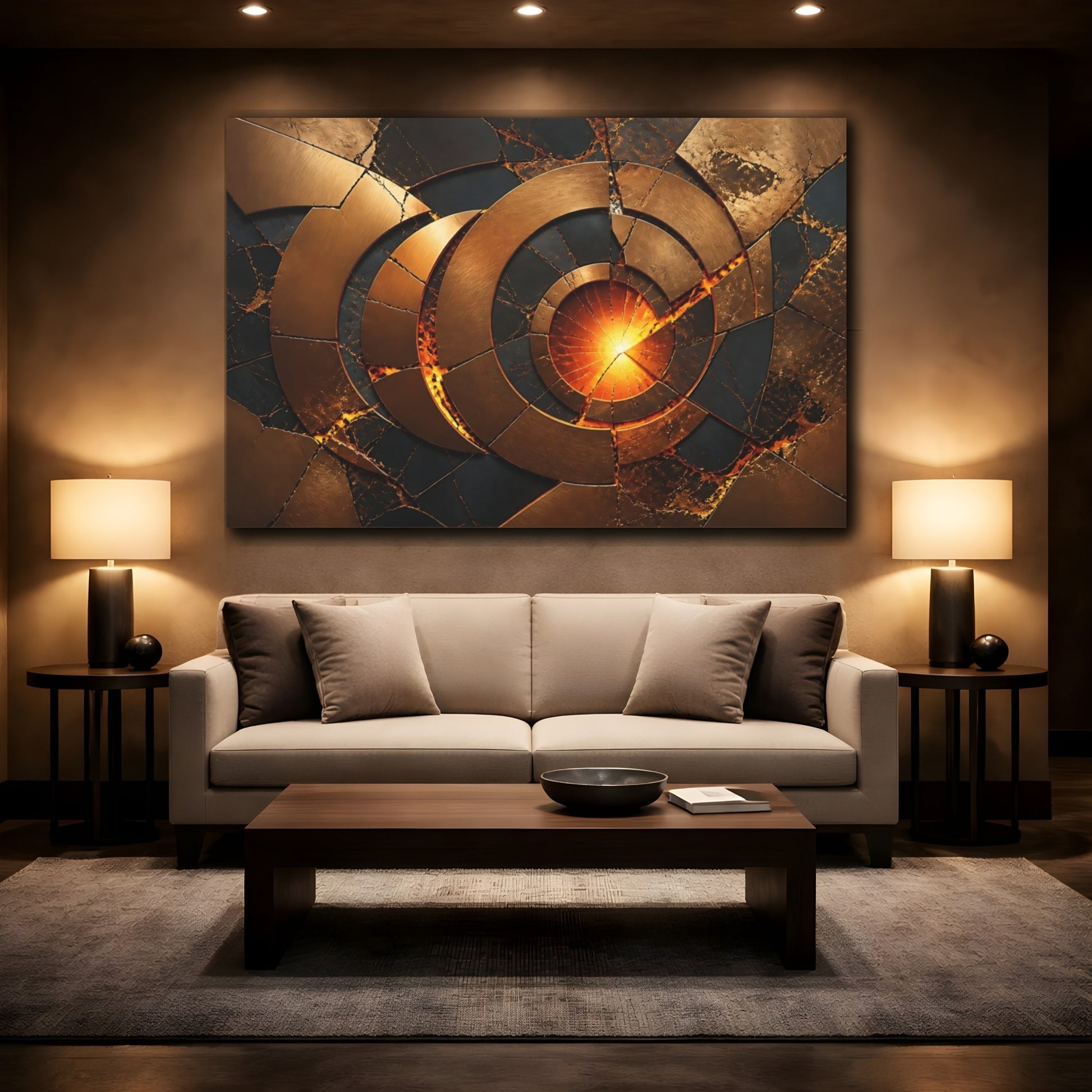 Mockup 2. Abstract Fractured Bronze Circles shown as canvas print