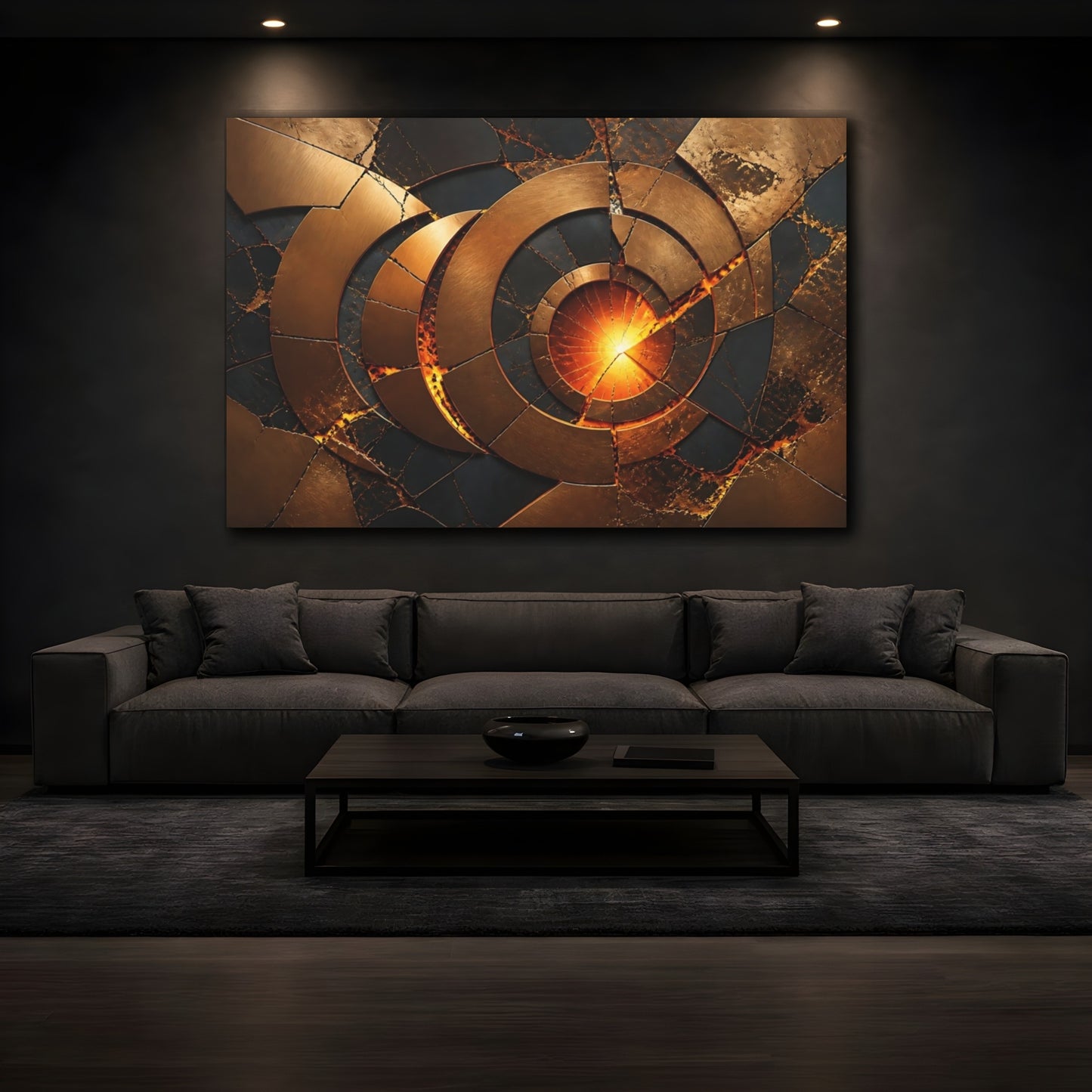 Mockup 3. Abstract Fractured Bronze Circles shown as canvas print