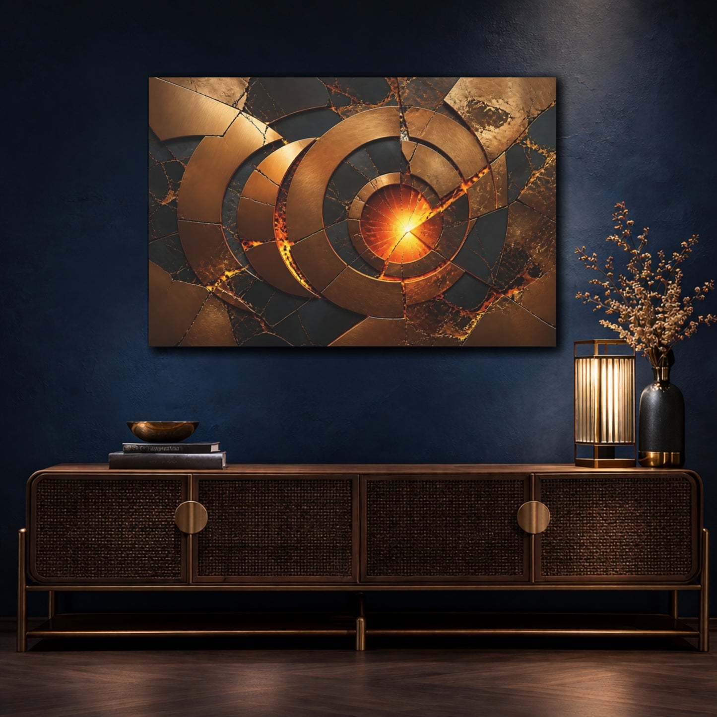 Mockup 4. Abstract Fractured Bronze Circles shown as canvas print