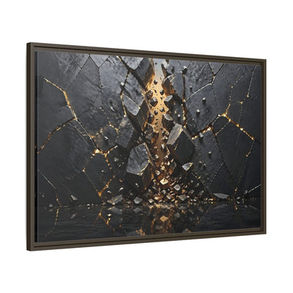 Main Mockup. Abstract Fractured Rock Black And Gold shown as stretched canvas wall art