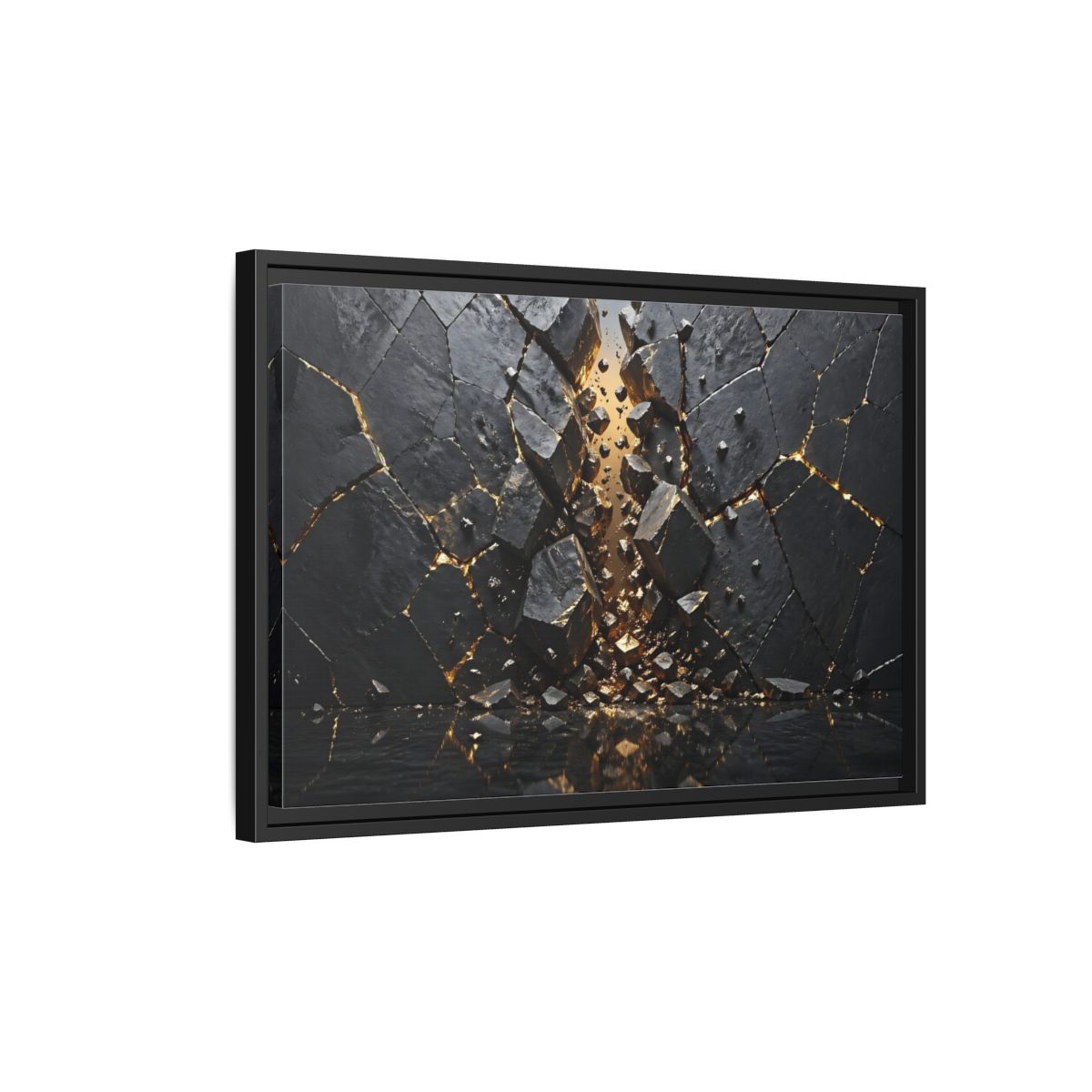 Side Mockup 3. Abstract Fractured Rock Black And Gold shown as stretched canvas wall art