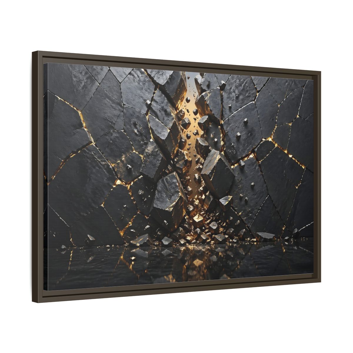 Side Mockup 11. Abstract Fractured Rock Black And Gold shown as stretched canvas wall art