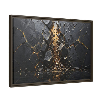 Side Mockup 11. Abstract Fractured Rock Black And Gold shown as stretched canvas wall art