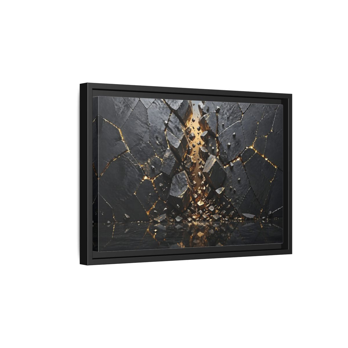 Side Mockup 6. Abstract Fractured Rock Black And Gold shown as stretched canvas wall art