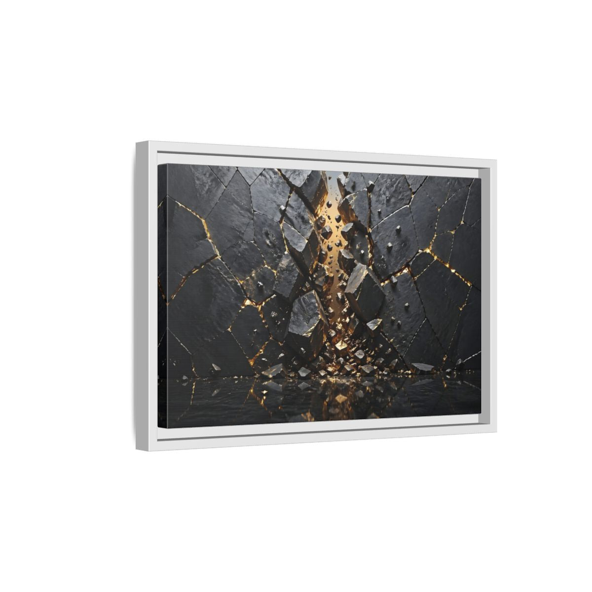 Side Mockup 4. Abstract Fractured Rock Black And Gold shown as stretched canvas wall art