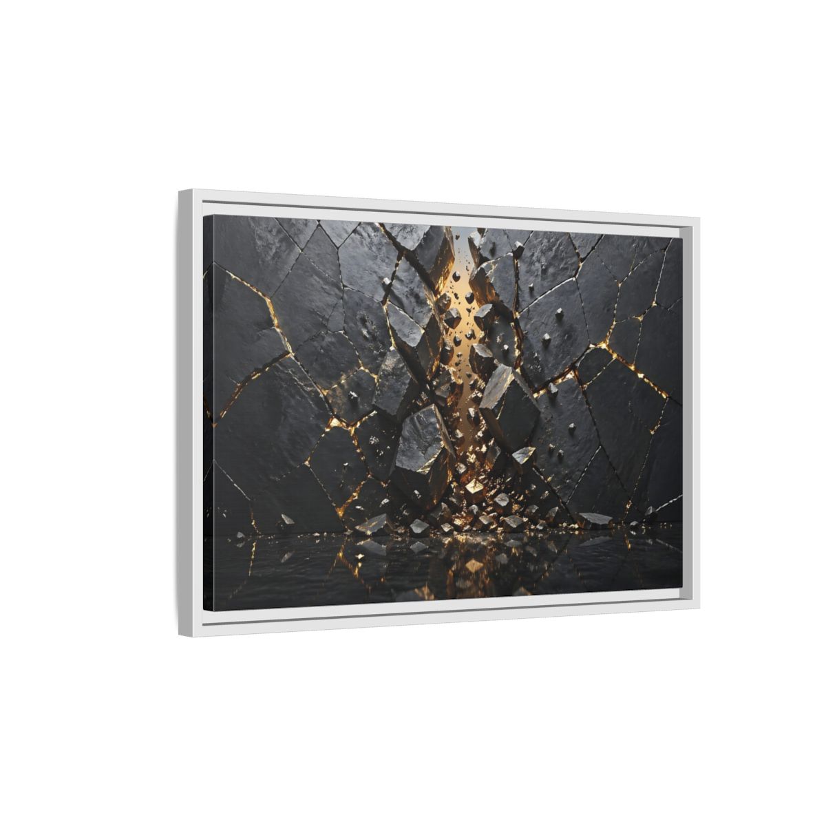 Side Mockup 1. Abstract Fractured Rock Black And Gold shown as stretched canvas wall art
