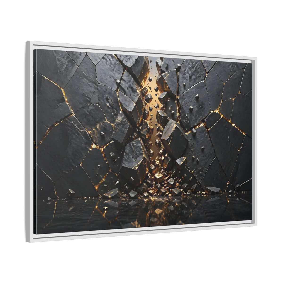 Side Mockup 9. Abstract Fractured Rock Black And Gold shown as stretched canvas wall art