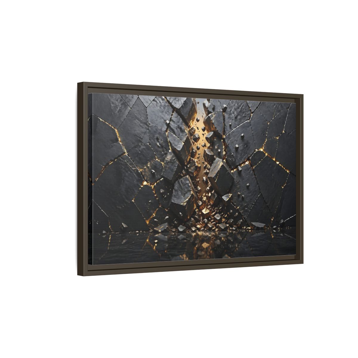 Side Mockup 2. Abstract Fractured Rock Black And Gold shown as stretched canvas wall art