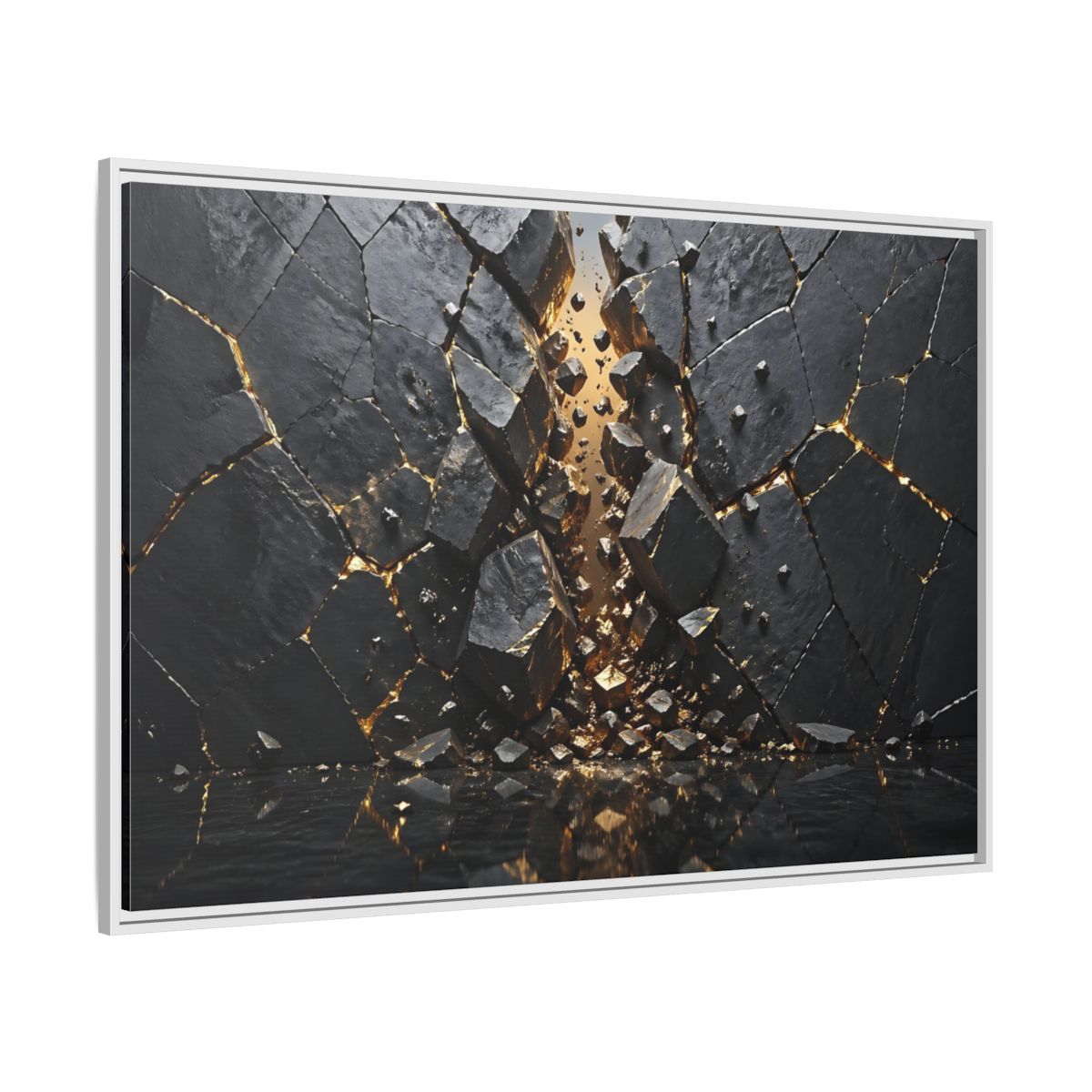 Side Mockup 7. Abstract Fractured Rock Black And Gold shown as stretched canvas wall art