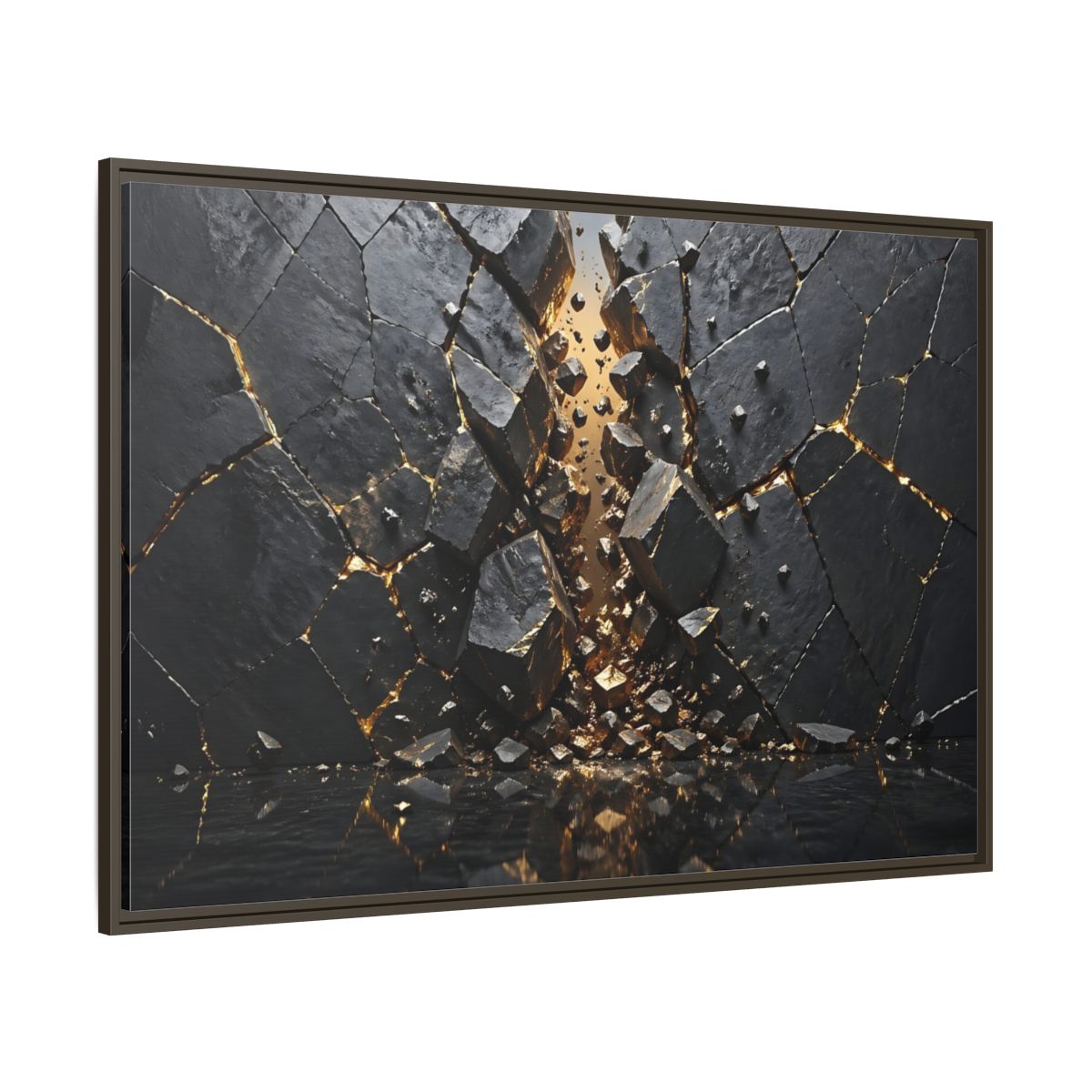 Side Mockup 8. Abstract Fractured Rock Black And Gold shown as stretched canvas wall art