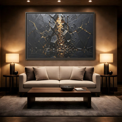 Mockup 2. Abstract Fractured Rock Black And Gold shown as stretched canvas wall art