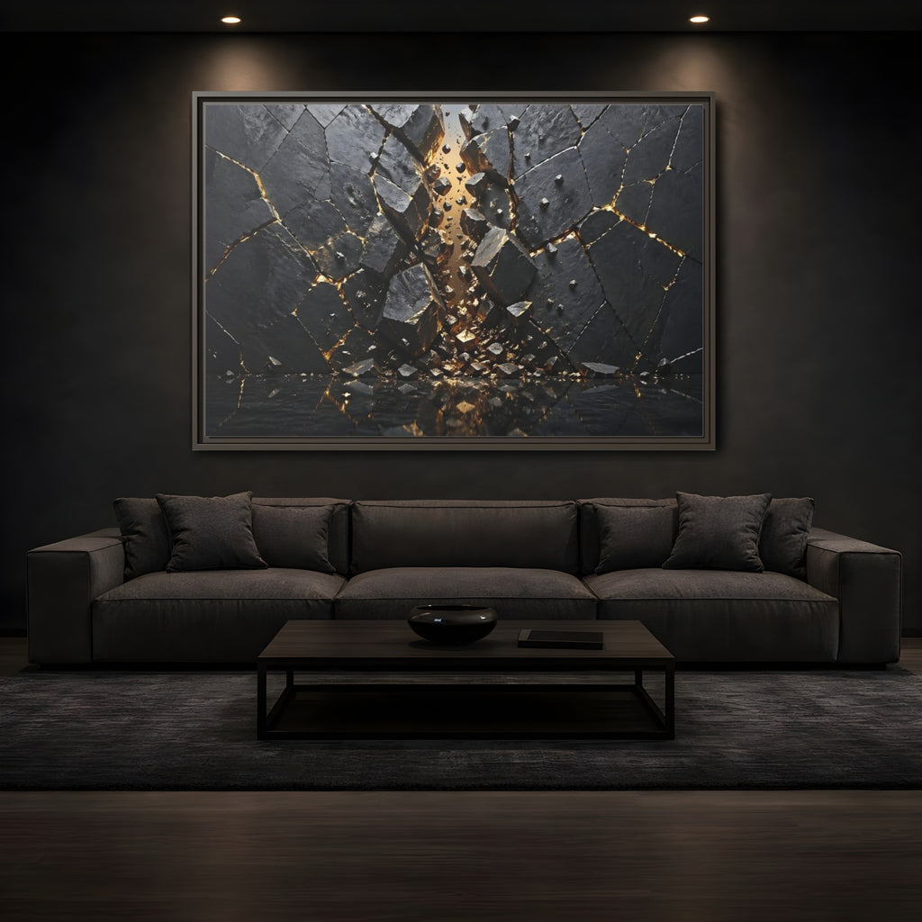 Mockup 3. Abstract Fractured Rock Black And Gold shown as stretched canvas wall art