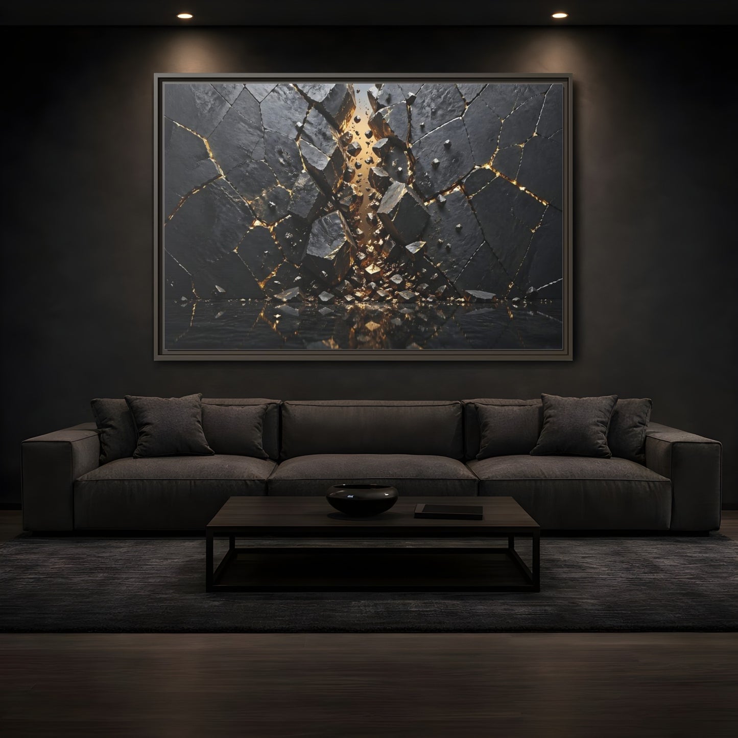 Mockup 3. Abstract Fractured Rock Black And Gold shown as stretched canvas wall art