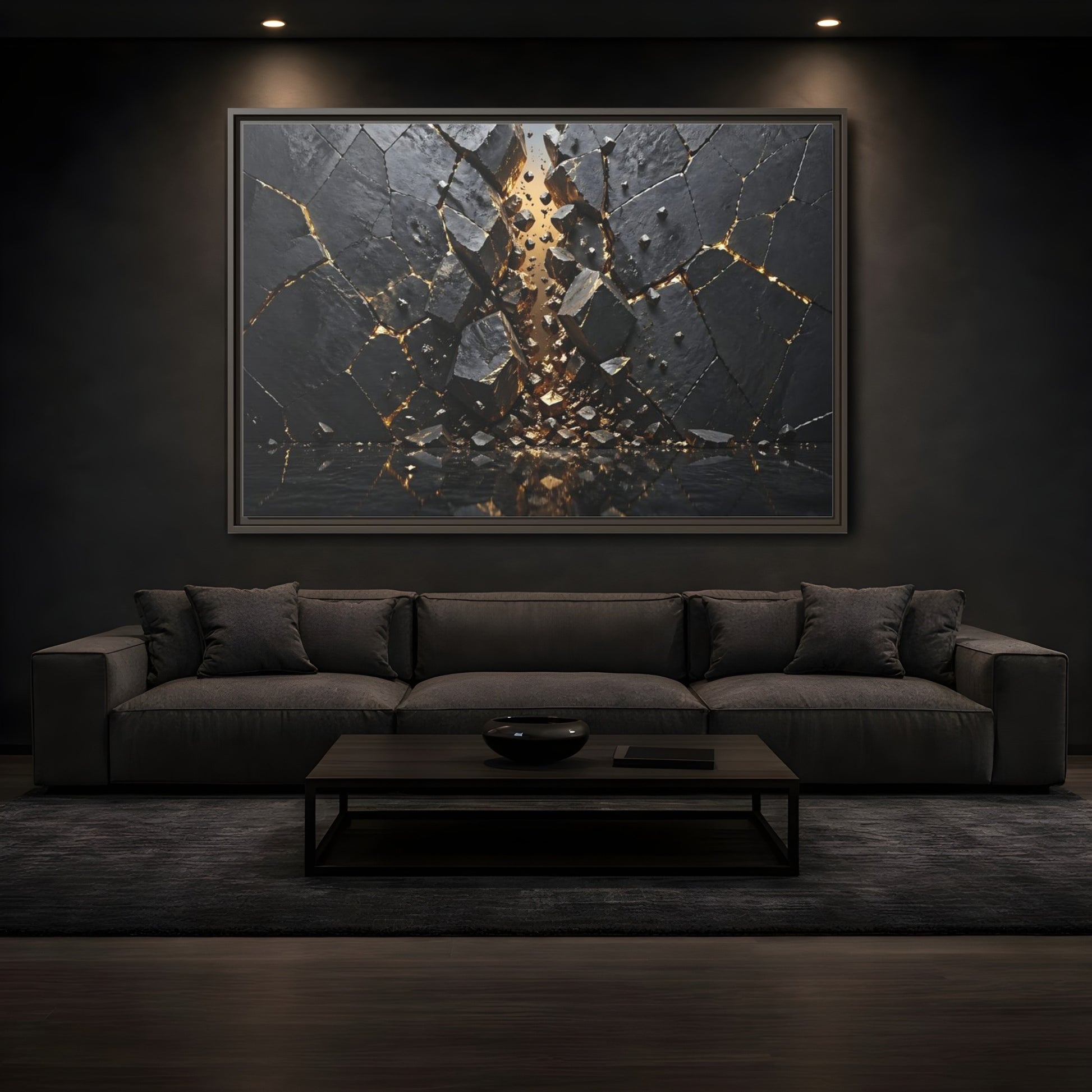Mockup 3. Abstract Fractured Rock Black And Gold shown as stretched canvas wall art