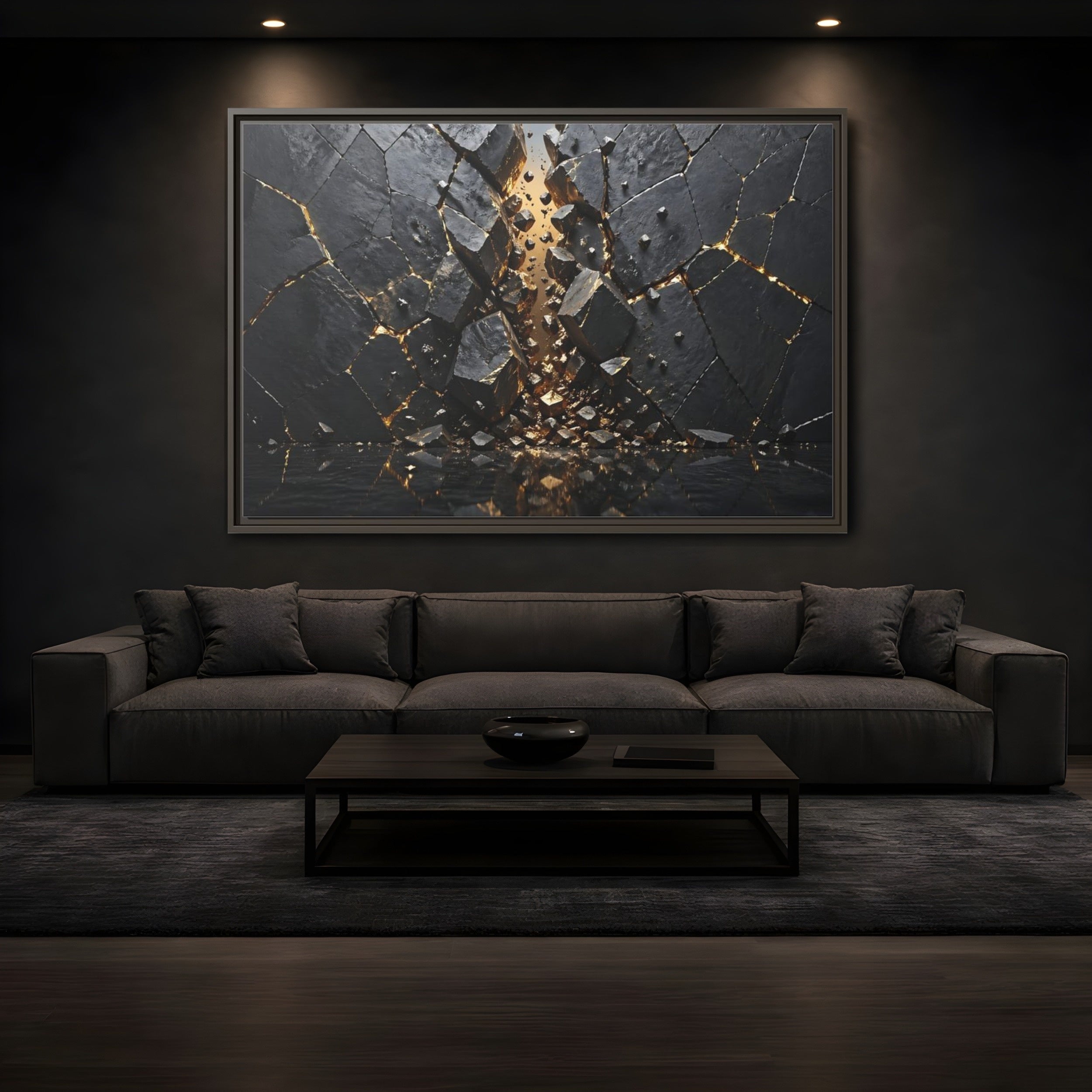 Mockup 3. Abstract Fractured Rock Black And Gold shown as stretched canvas wall art
