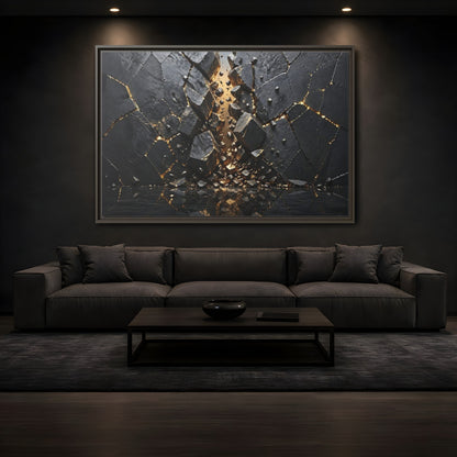 Mockup 3. Abstract Fractured Rock Black And Gold shown as stretched canvas wall art