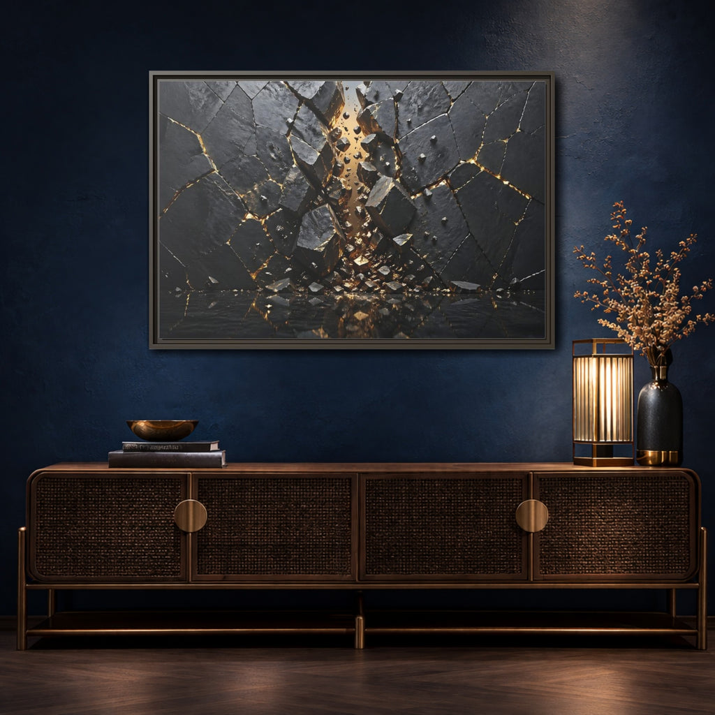 Mockup 4. Abstract Fractured Rock Black And Gold shown as stretched canvas wall art