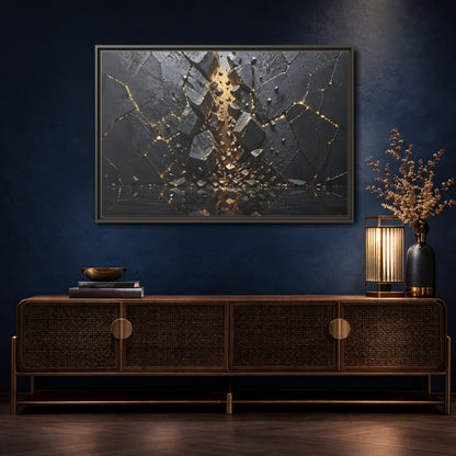 Mockup 4. Abstract Fractured Rock Black And Gold shown as stretched canvas wall art