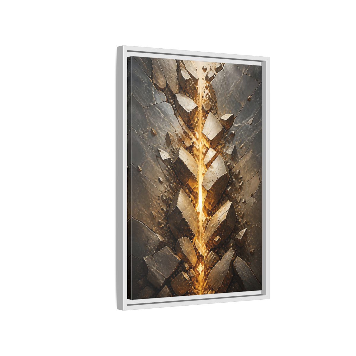 Abstract Fractured Rock Gold and Gray Framed Canvas Wall Art - Living Room, Above Sofa shown as canvas wall art