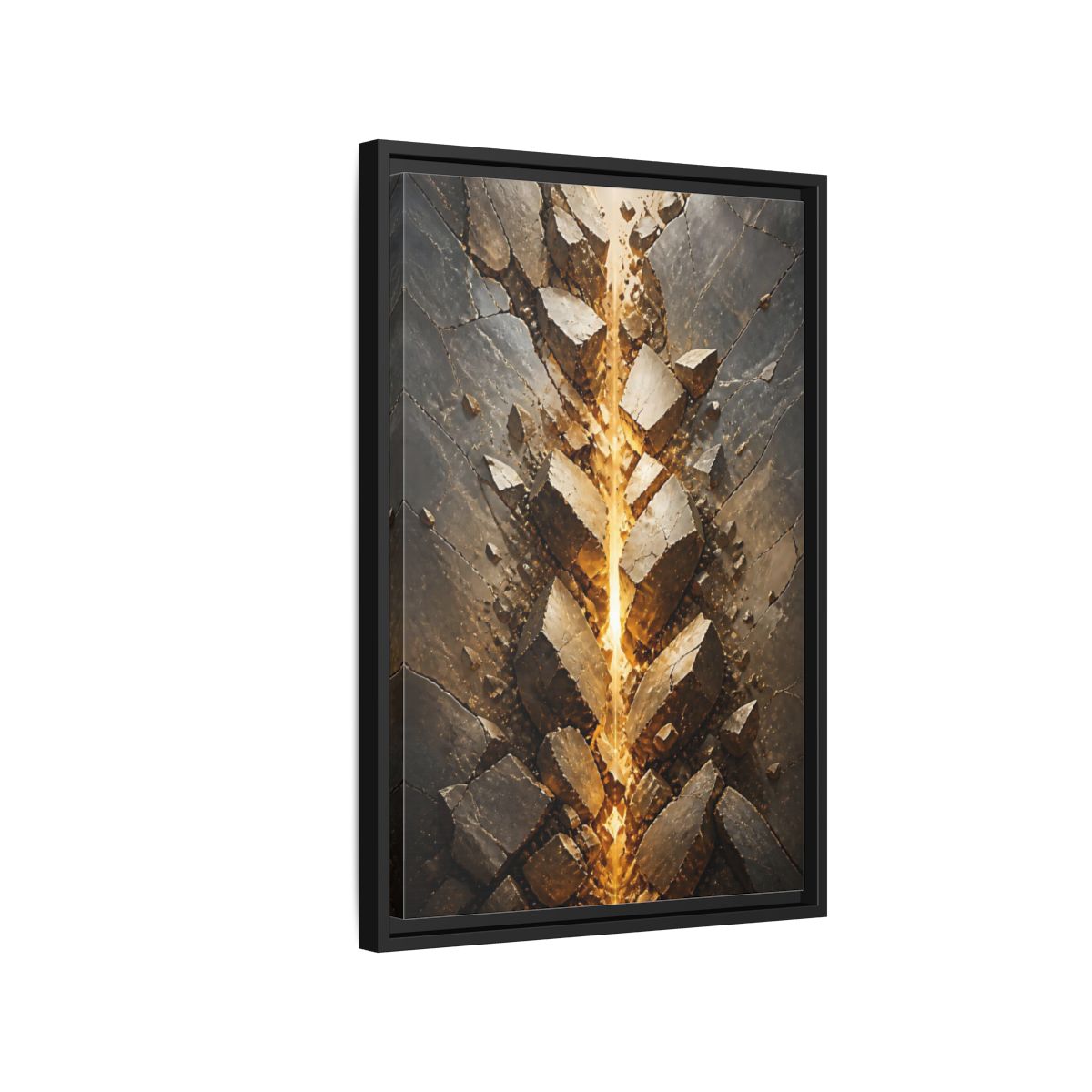 Abstract Fractured Rock Gold and Gray Framed Canvas Wall Art - Living Room, Above Sofa shown as canvas wall art