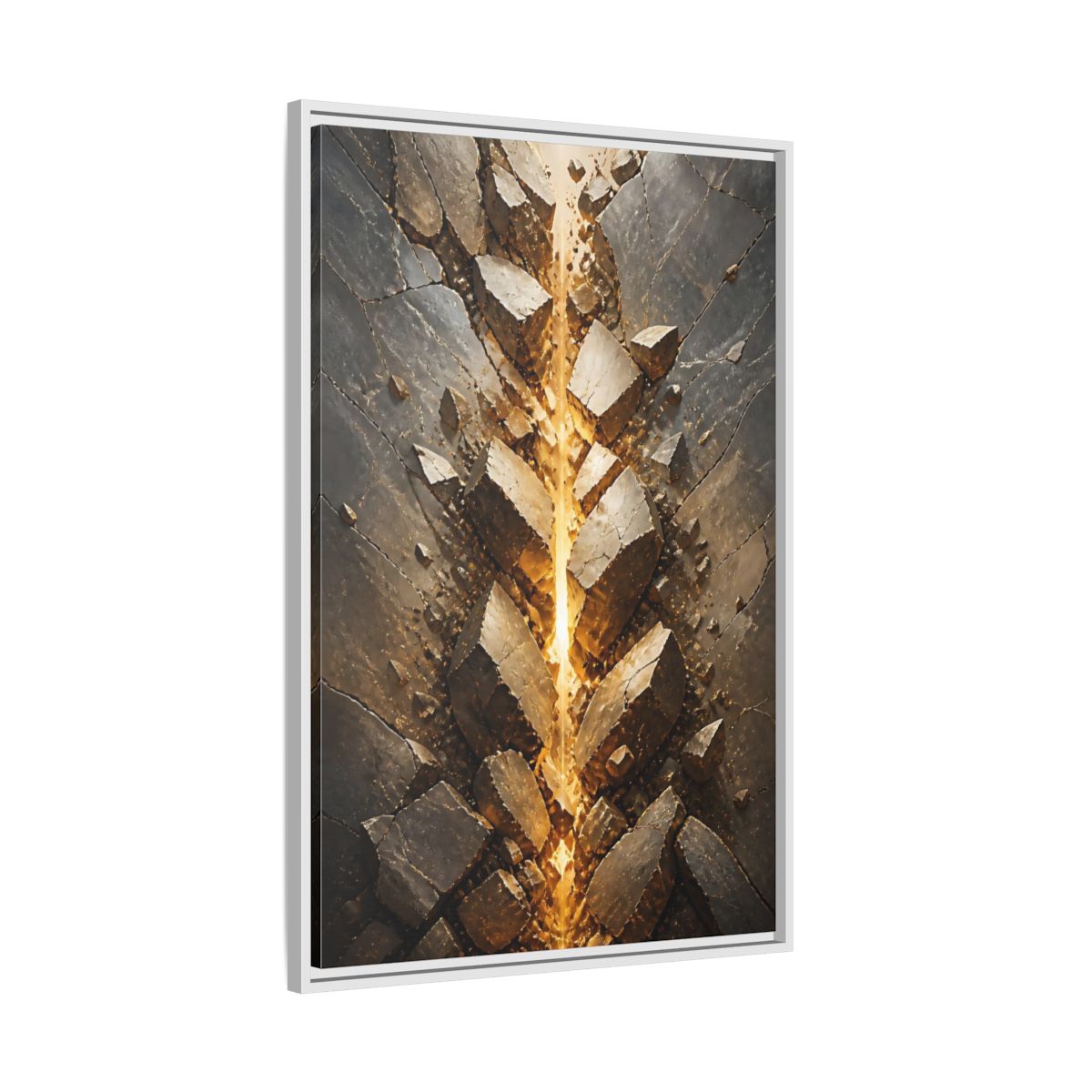 Abstract Fractured Rock Gold and Gray Framed Canvas Wall Art - Living Room, Above Sofa shown as canvas wall art