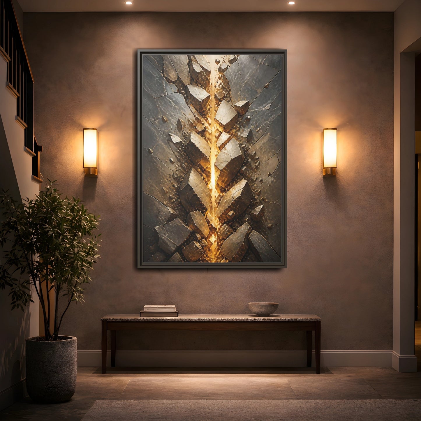 Abstract Fractured Rock Gold and Gray Framed Canvas Wall Art - Living Room, Above Sofa shown as canvas wall art