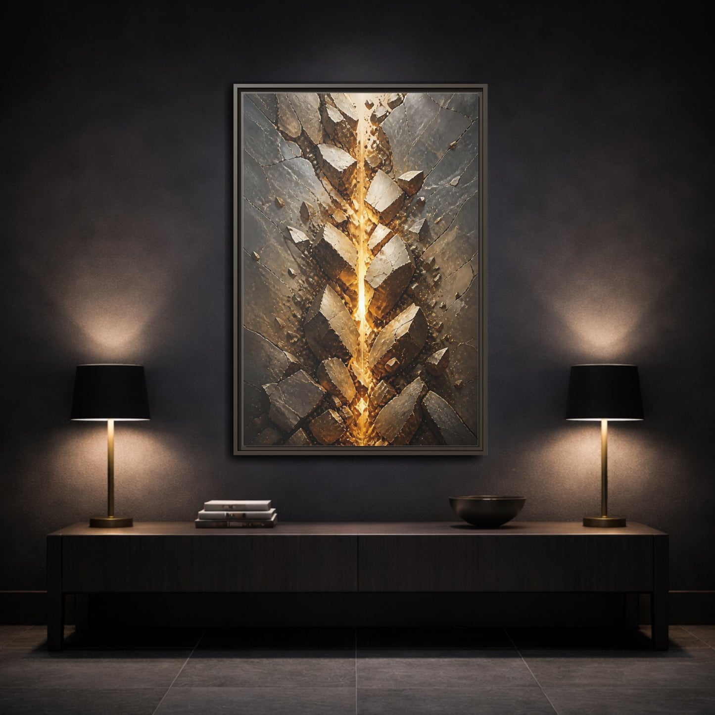 Abstract Fractured Rock Gold and Gray Framed Canvas Wall Art - Living Room, Above Sofa shown as canvas wall art