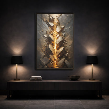 Abstract Fractured Rock Gold and Gray Framed Canvas Wall Art - Living Room, Above Sofa shown as canvas wall art