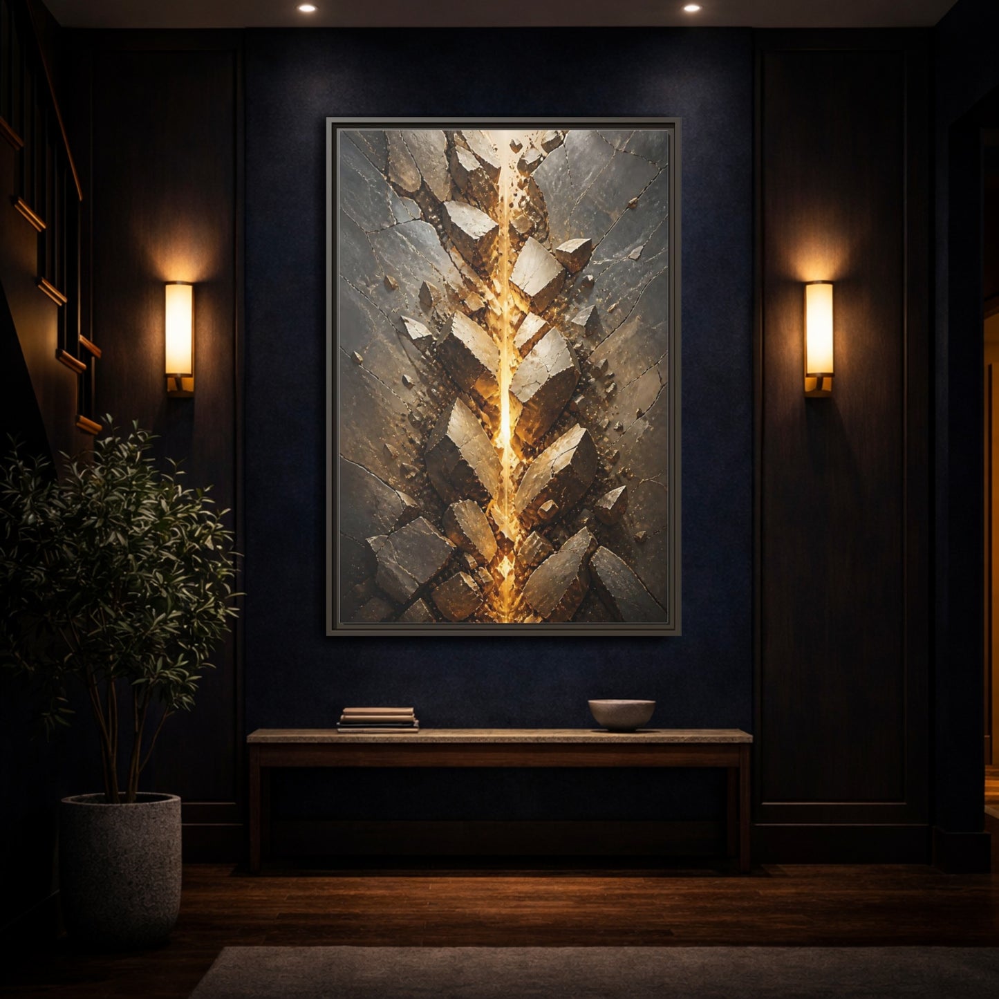 Abstract Fractured Rock Gold and Gray Framed Canvas Wall Art - Living Room, Above Sofa shown as canvas wall art