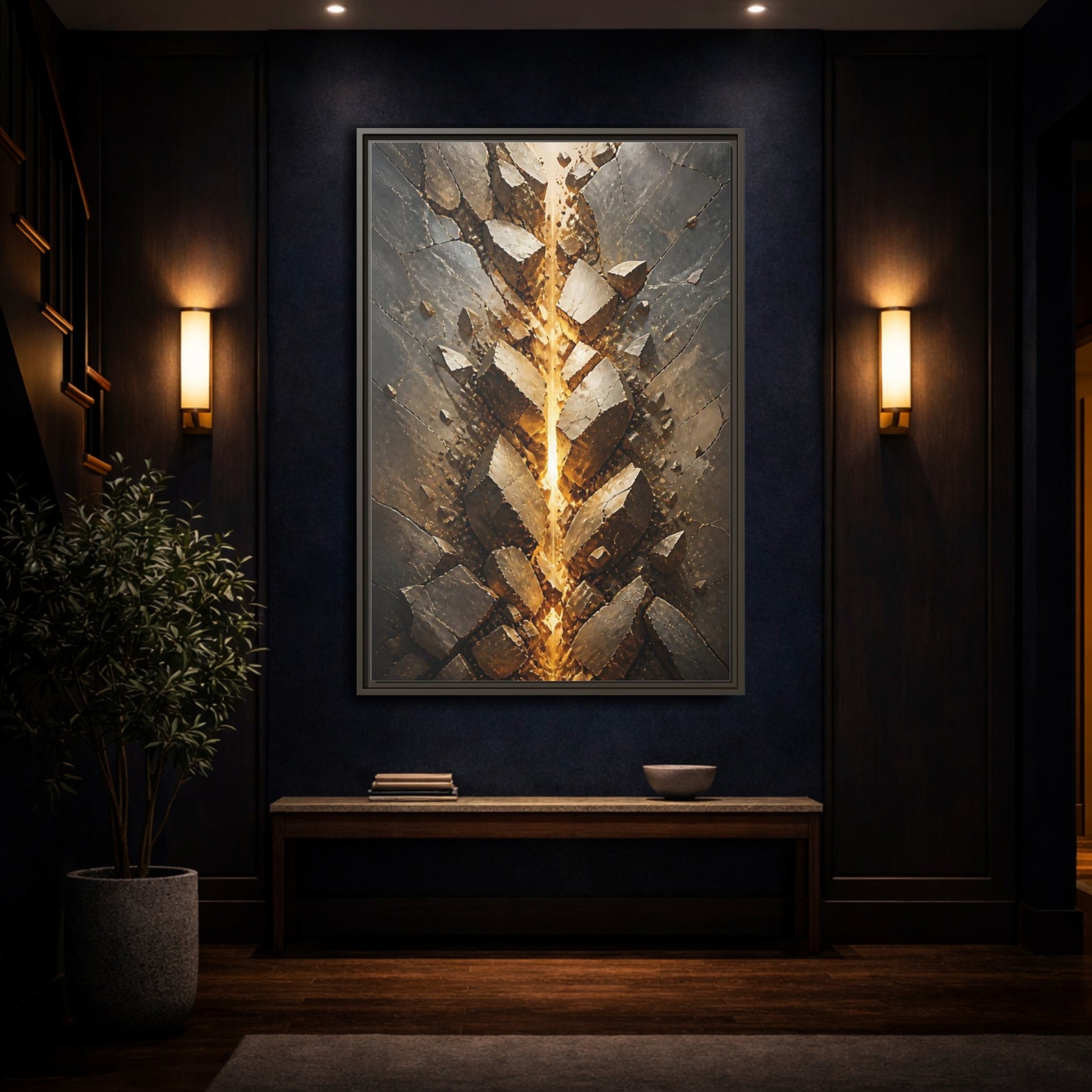 Abstract Fractured Rock Gold and Gray Framed Canvas Wall Art - Living Room, Above Sofa shown as canvas wall art