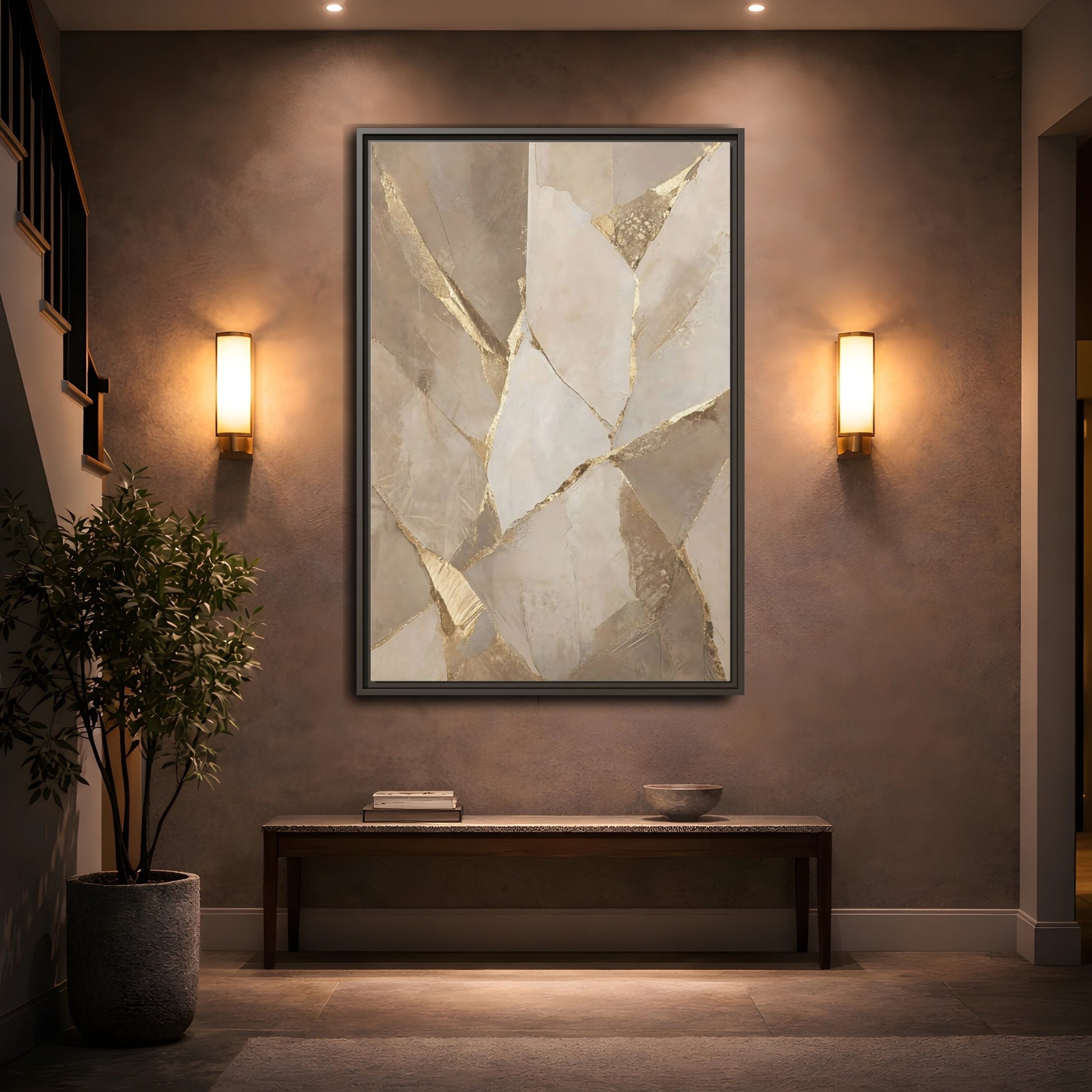 Mockup 2. Abstract Fractured Texture Gold Beige Texture shown as stretched canvas wall art