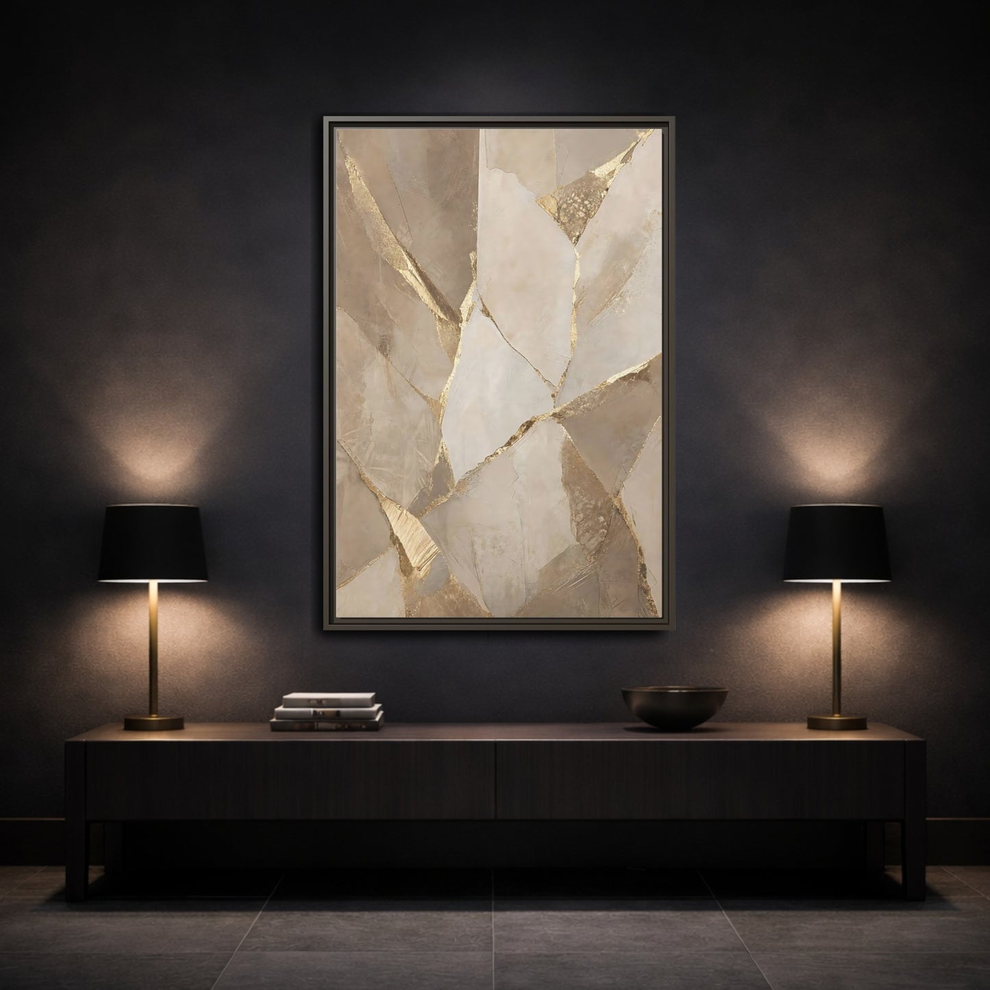 Mockup 3. Abstract Fractured Texture Gold Beige Texture shown as stretched canvas wall art