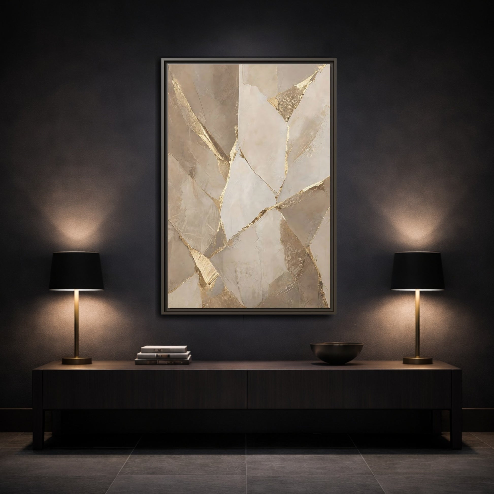 Mockup 3. Abstract Fractured Texture Gold Beige Texture shown as stretched canvas wall art