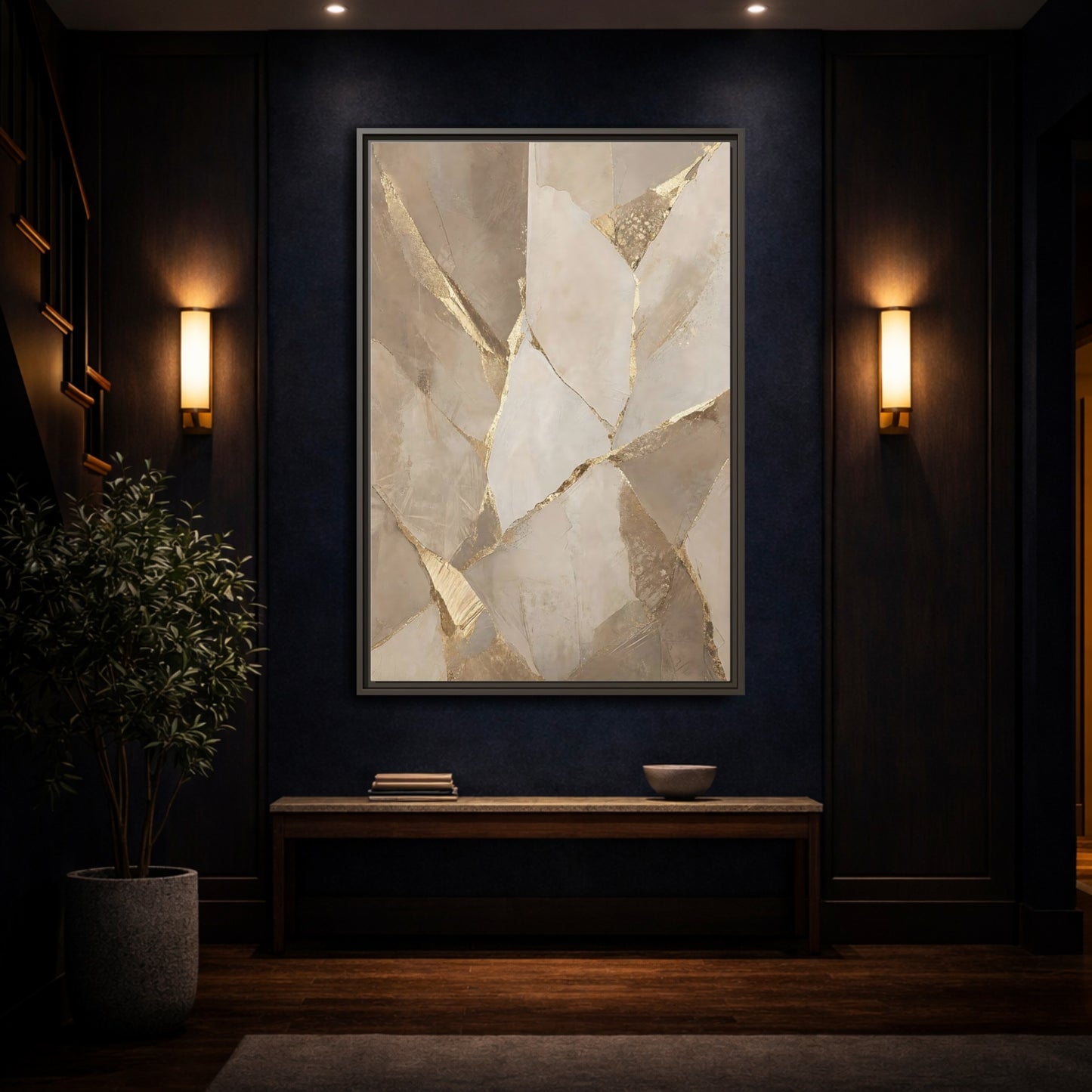 Mockup 4. Abstract Fractured Texture Gold Beige Texture shown as stretched canvas wall art