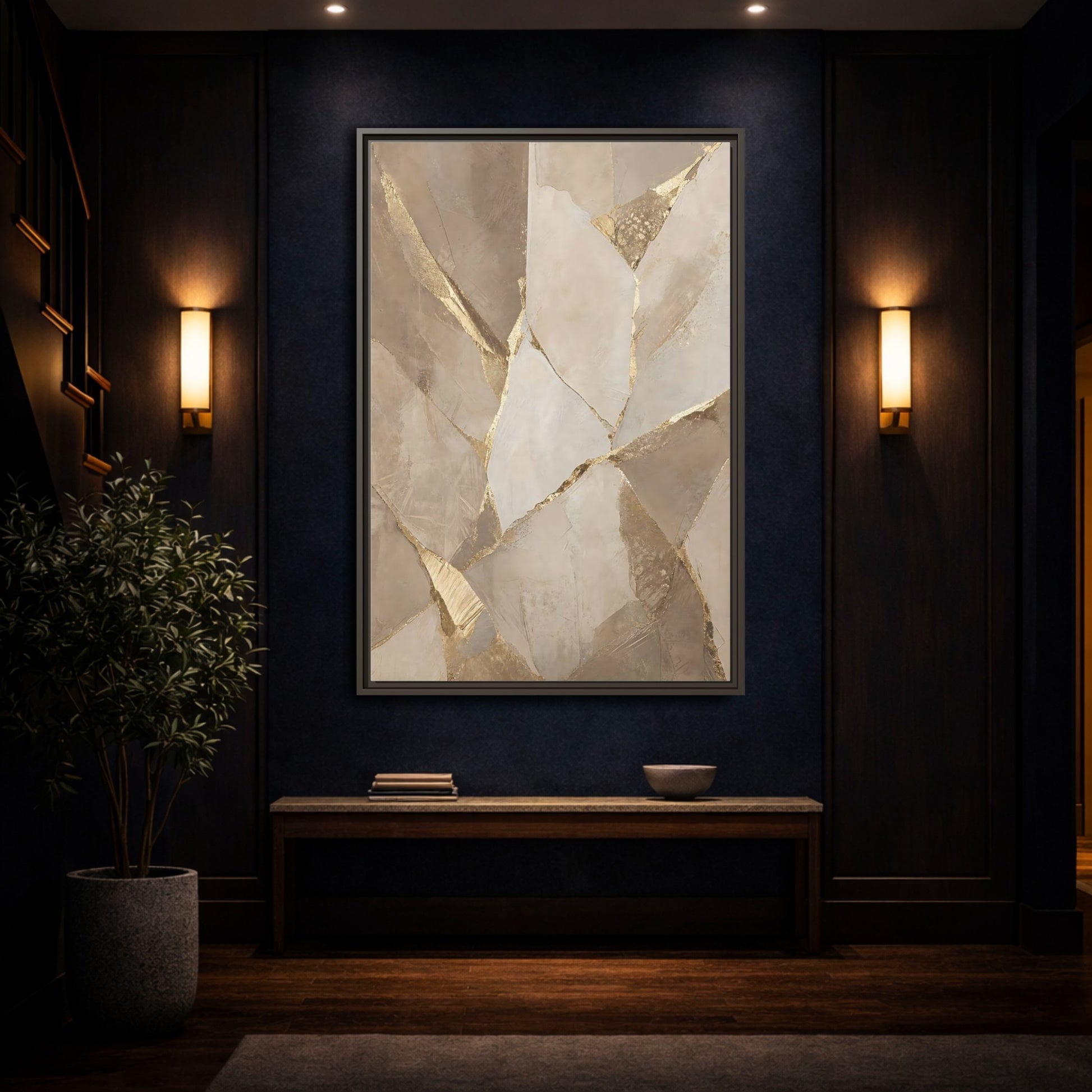 Mockup 4. Abstract Fractured Texture Gold Beige Texture shown as stretched canvas wall art