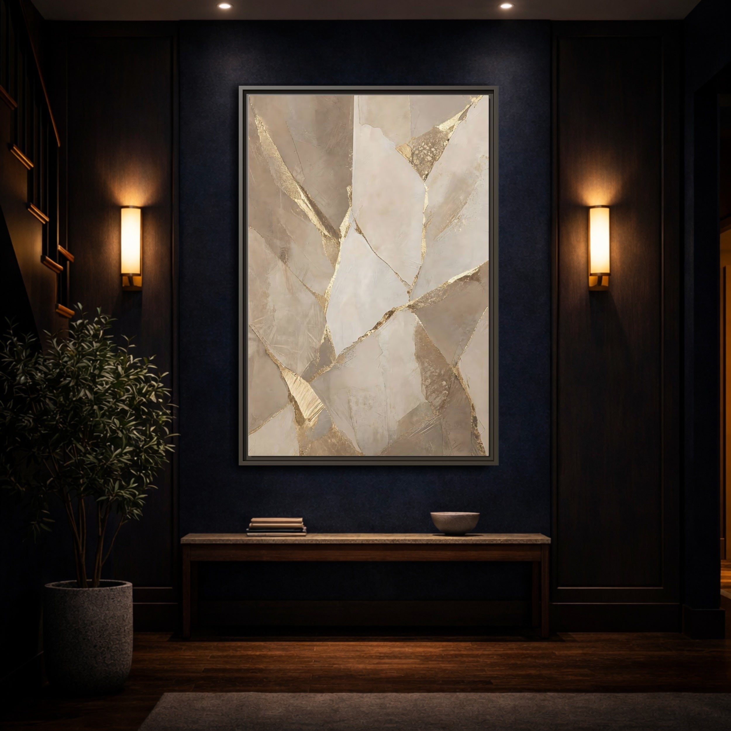 Mockup 4. Abstract Fractured Texture Gold Beige Texture shown as stretched canvas wall art