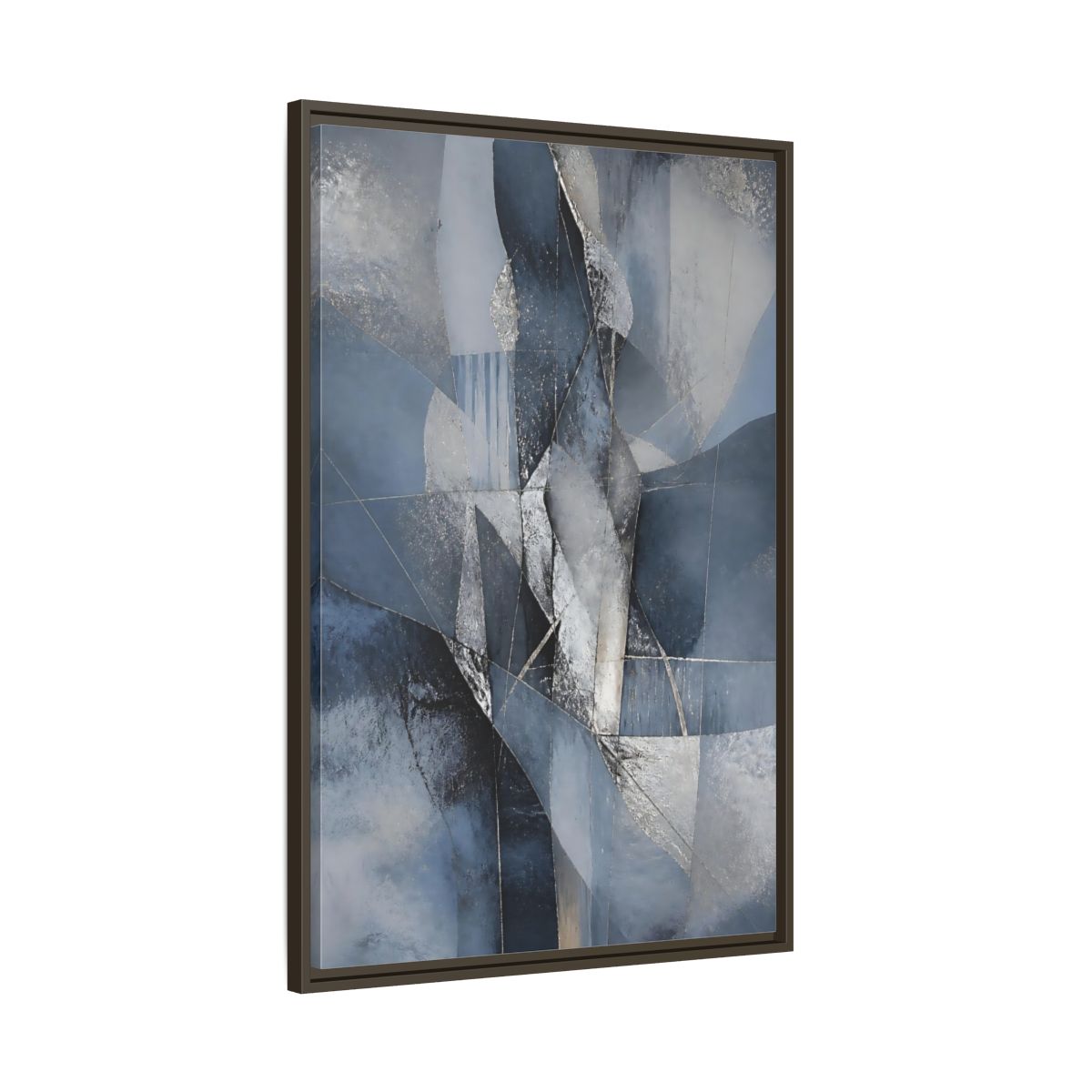 Main Mockup. Abstract Geometric Abstract Blue And Silver shown as stretched canvas wall art
