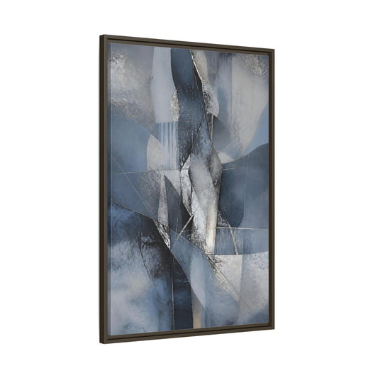 Main Mockup. Abstract Geometric Abstract Blue And Silver shown as stretched canvas wall art