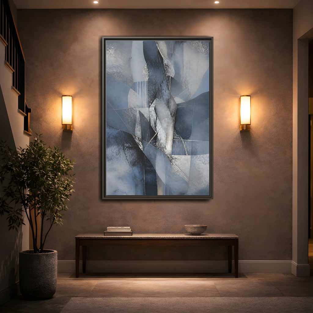 Mockup 2. Abstract Geometric Abstract Blue And Silver shown as stretched canvas wall art