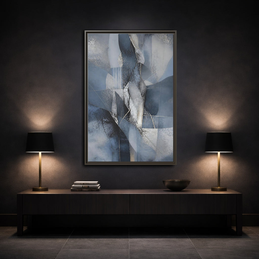 Mockup 3. Abstract Geometric Abstract Blue And Silver shown as stretched canvas wall art