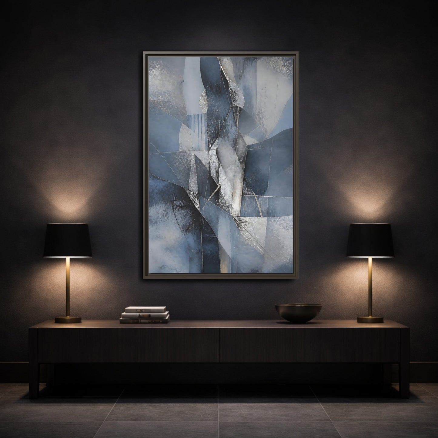 Mockup 3. Abstract Geometric Abstract Blue And Silver shown as stretched canvas wall art