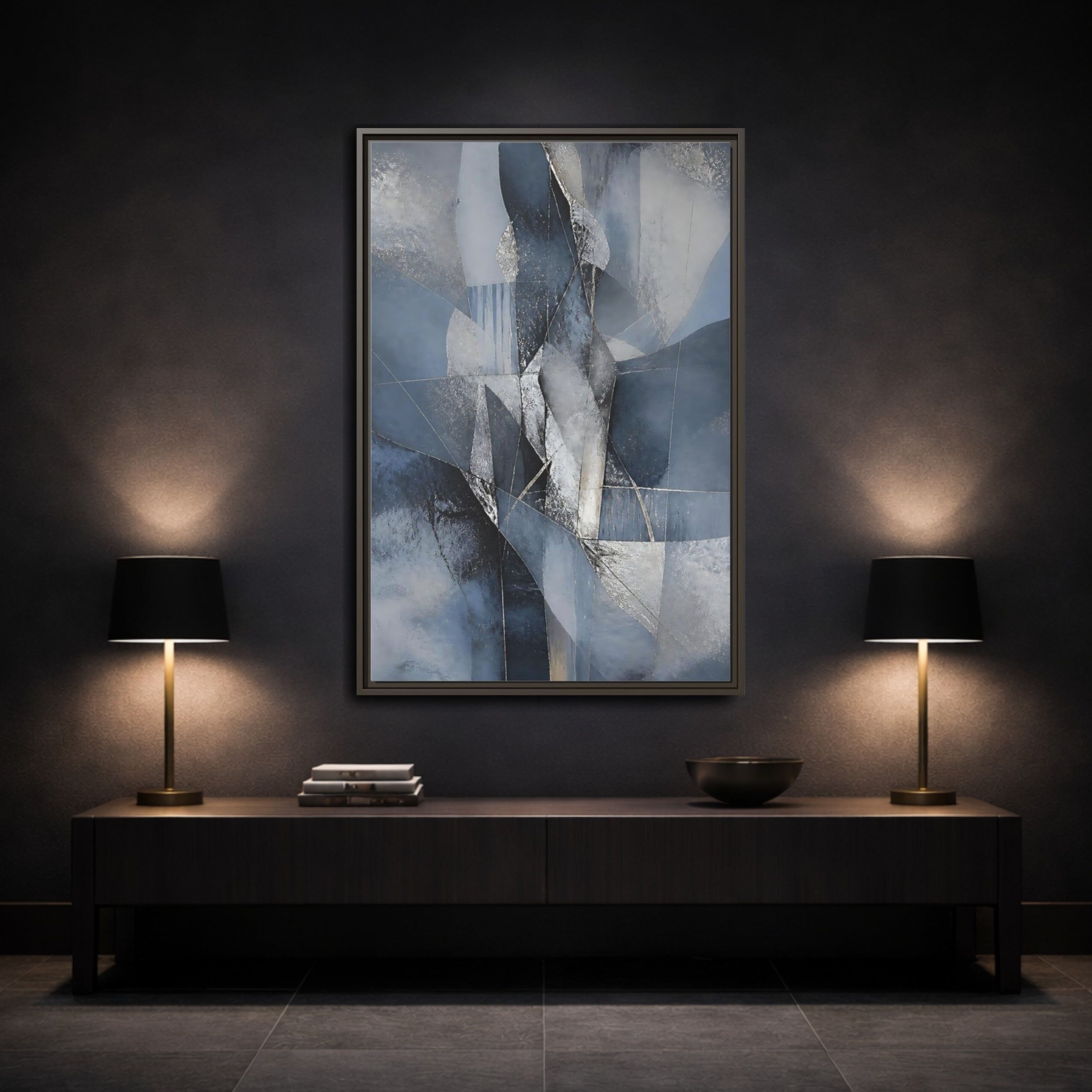 Mockup 3. Abstract Geometric Abstract Blue And Silver shown as stretched canvas wall art