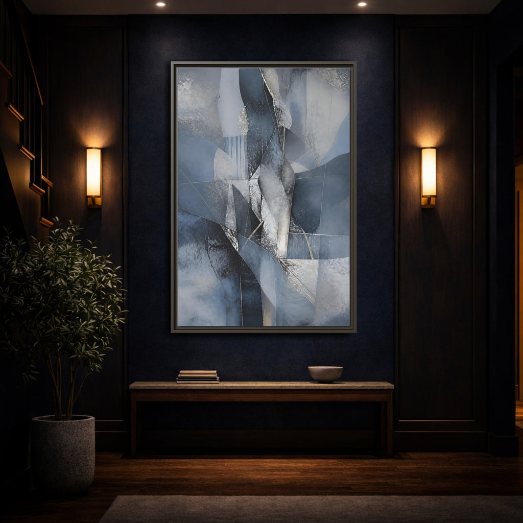 Mockup 4. Abstract Geometric Abstract Blue And Silver shown as stretched canvas wall art