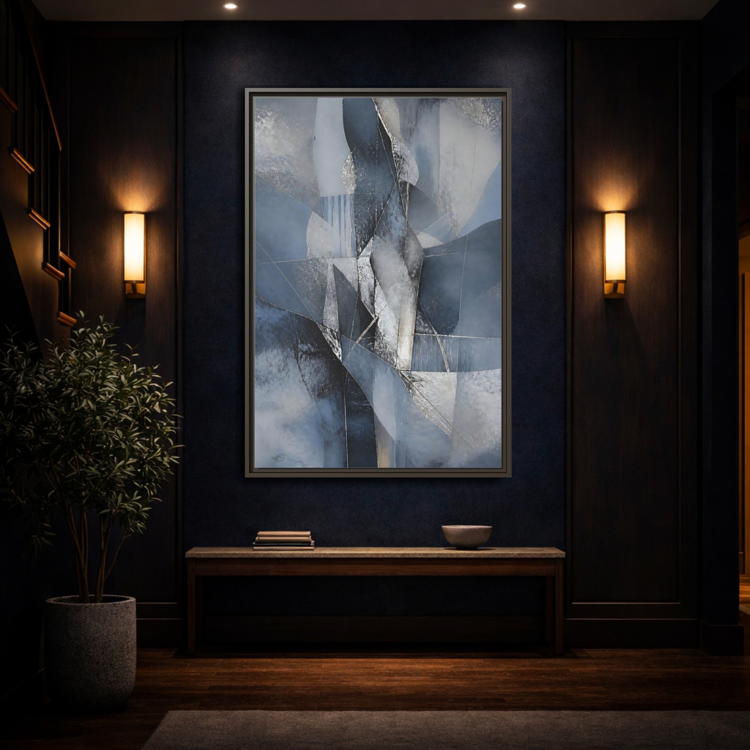 Mockup 4. Abstract Geometric Abstract Blue And Silver shown as stretched canvas wall art
