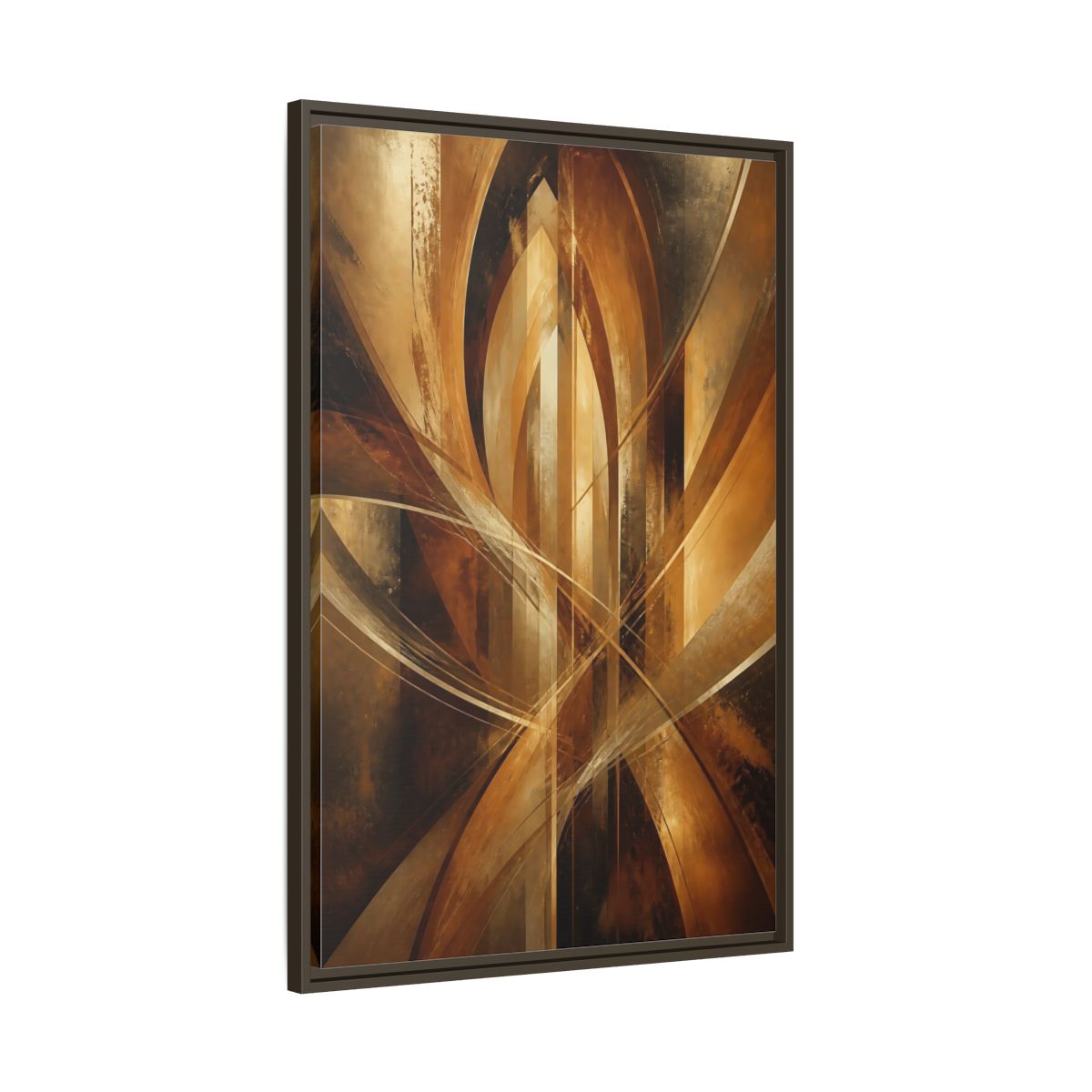 Main Mockup. Abstract Geometric Abstract Gold And Brown Abstract shown as stretched canvas wall art